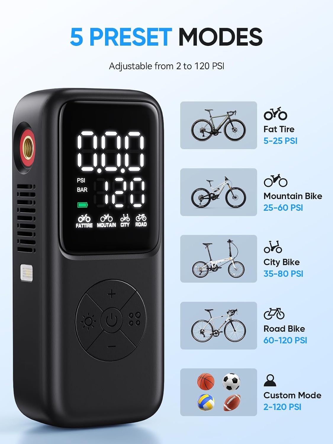 Thumbnail 6 de GPUTEK mini-elektrische fietspomp tot 120 PSI met digitale manometer en 5 modi