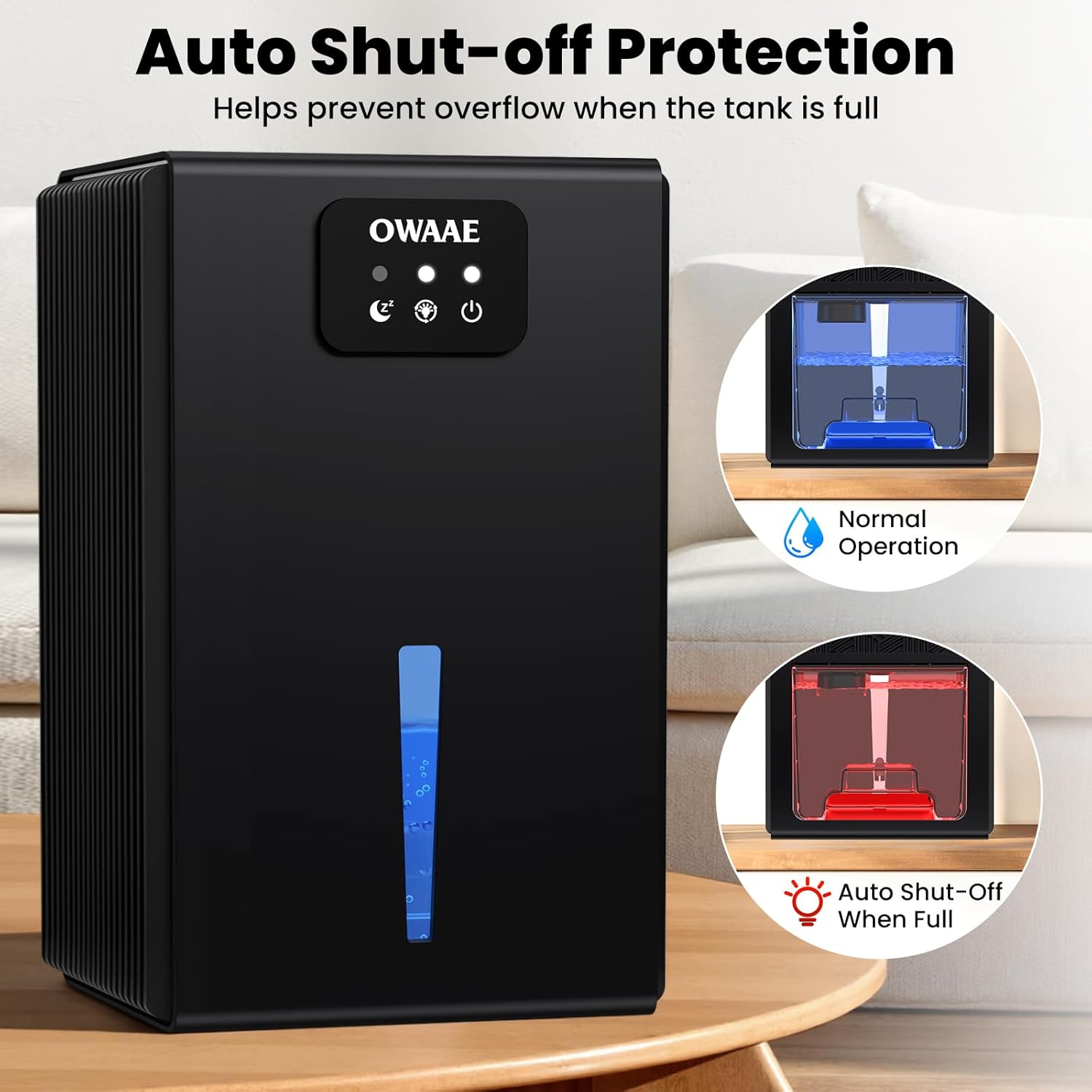 Detalle 2 de OWAAE Dehumidifier: 1000 sq.ft Quiet Moisture Control with 95oz Tank, Sleep Mode, Auto Shut-Off, and 7-Color LED Light