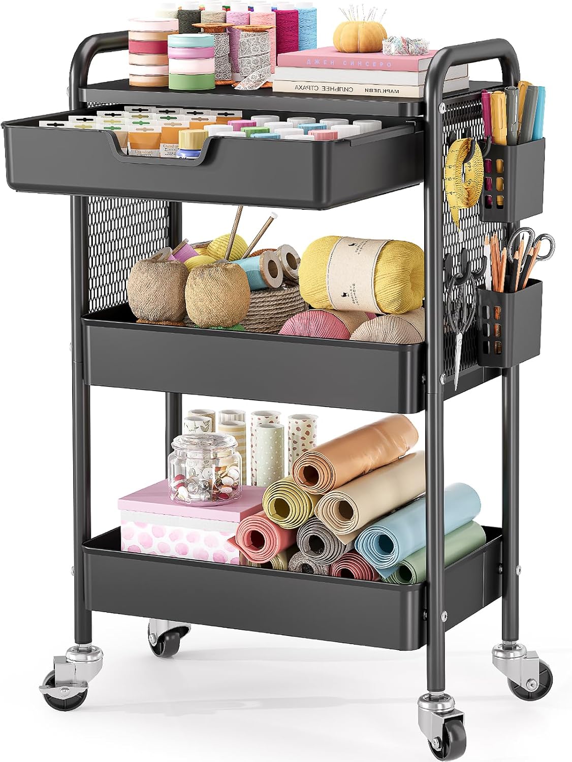 Detalle de KINGBOARD RY810536 3-Tier Metal Rolling Cart with Drawer, Hooks and Locking Wheels