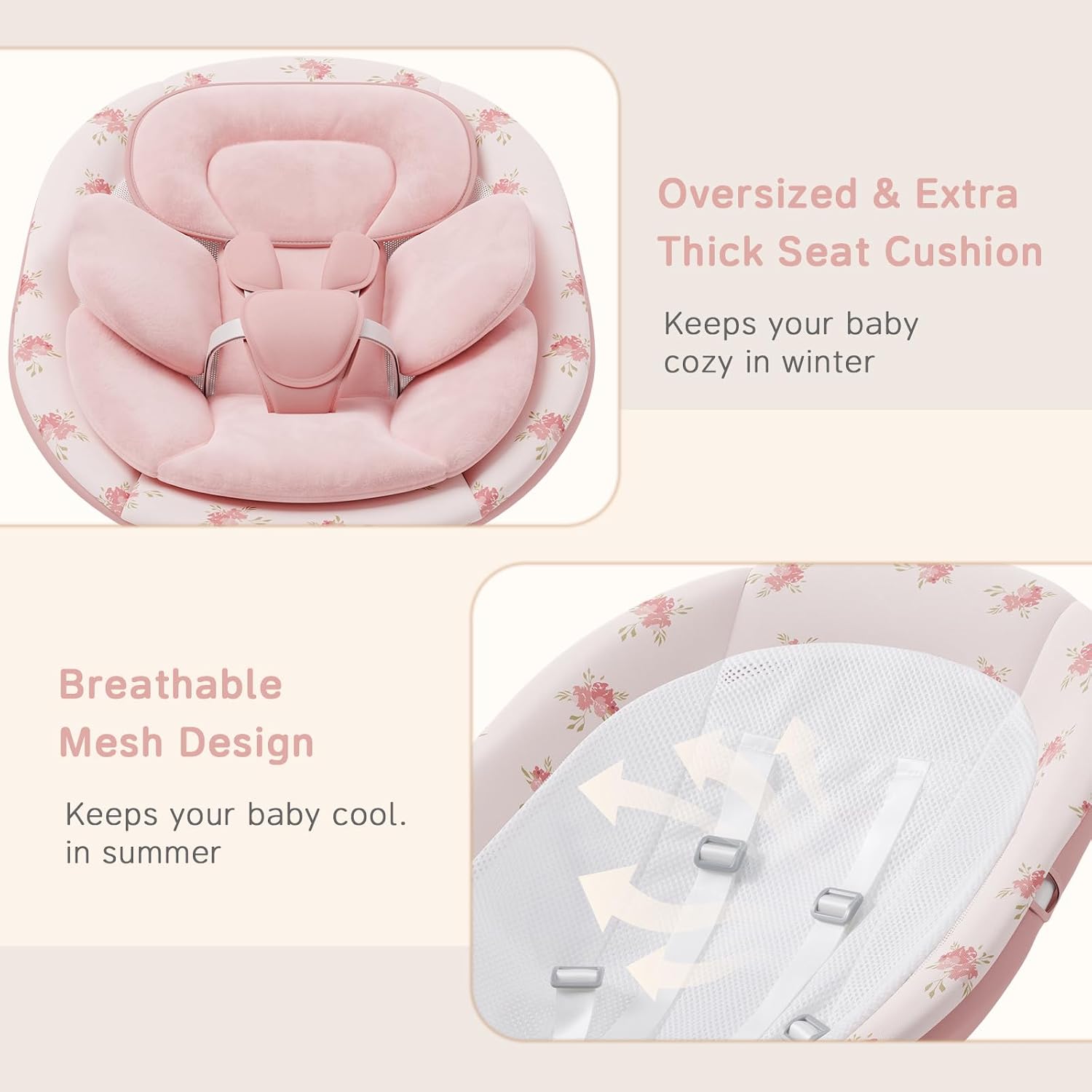Detalle de MOMZELVI Electric Baby Swing for Infants, 5 Speeds, Bluetooth, Pink Seat Pad