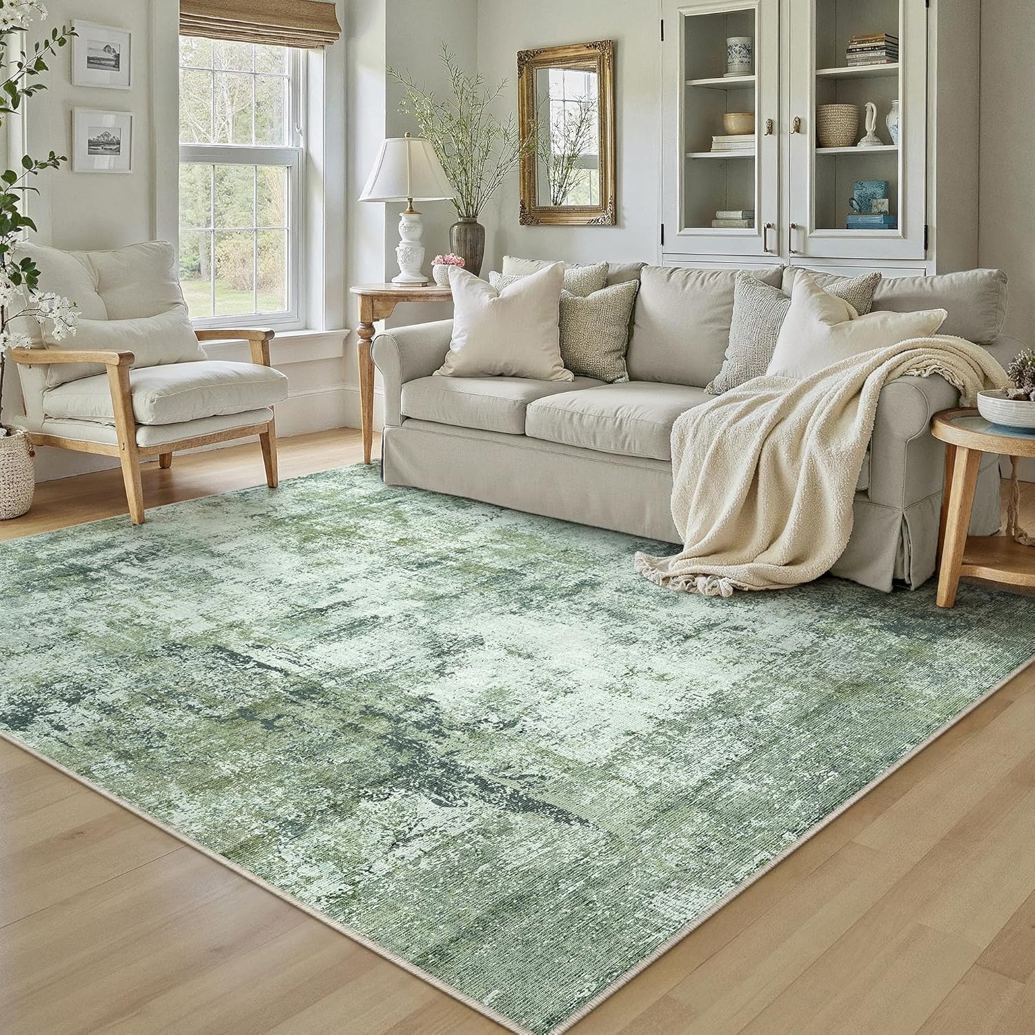 Thumbnail 6 de Waschbarer HUGEAR-Teppich 150 x 210 cm mit abstraktem Design, beiger/blauer Look und rutschfester TPR-Rückenlage