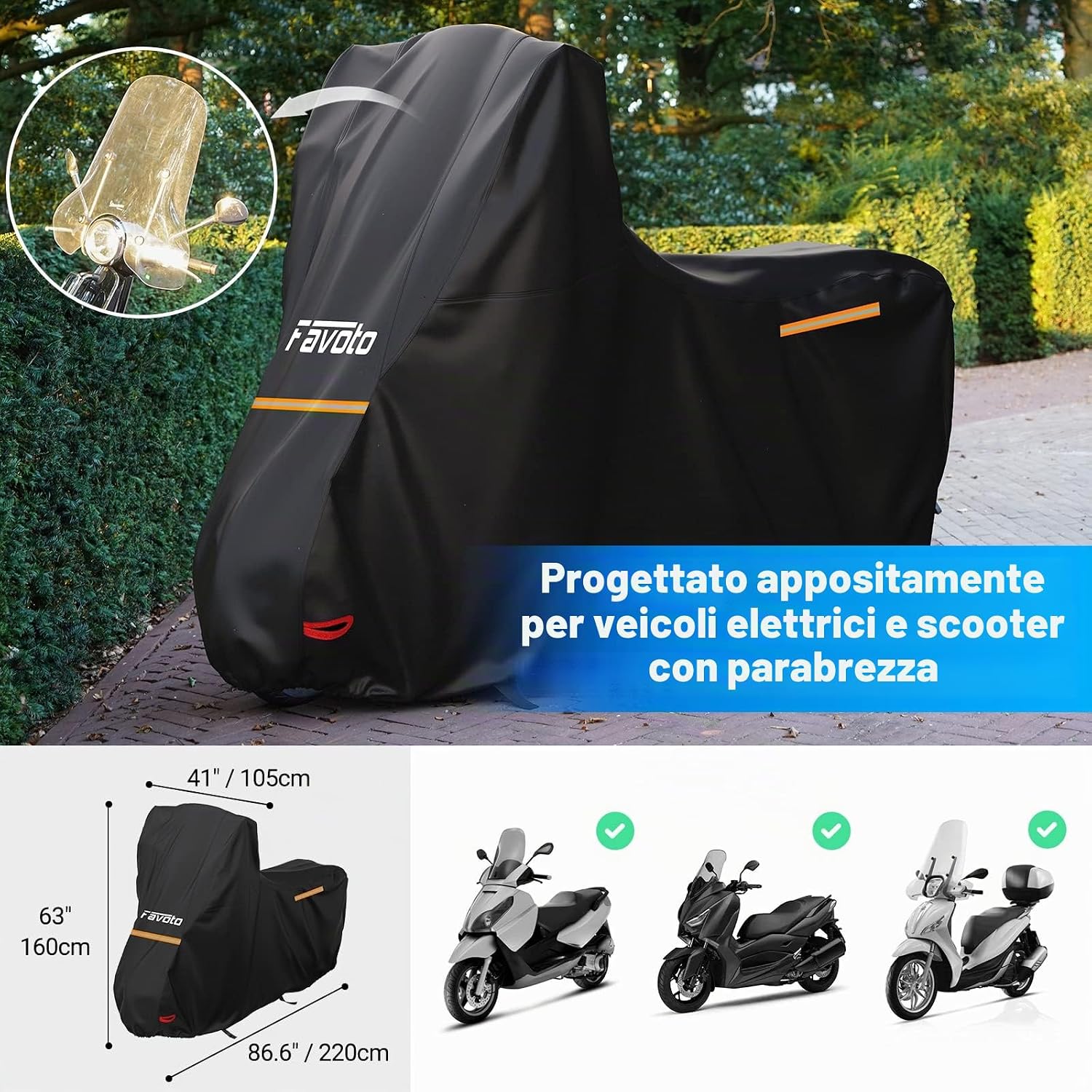 Thumbnail 1 de Favoto Telo Coprimoto 210D con Parabrezza Alto – protezione completa per moto e scooter (220x105x160 cm)