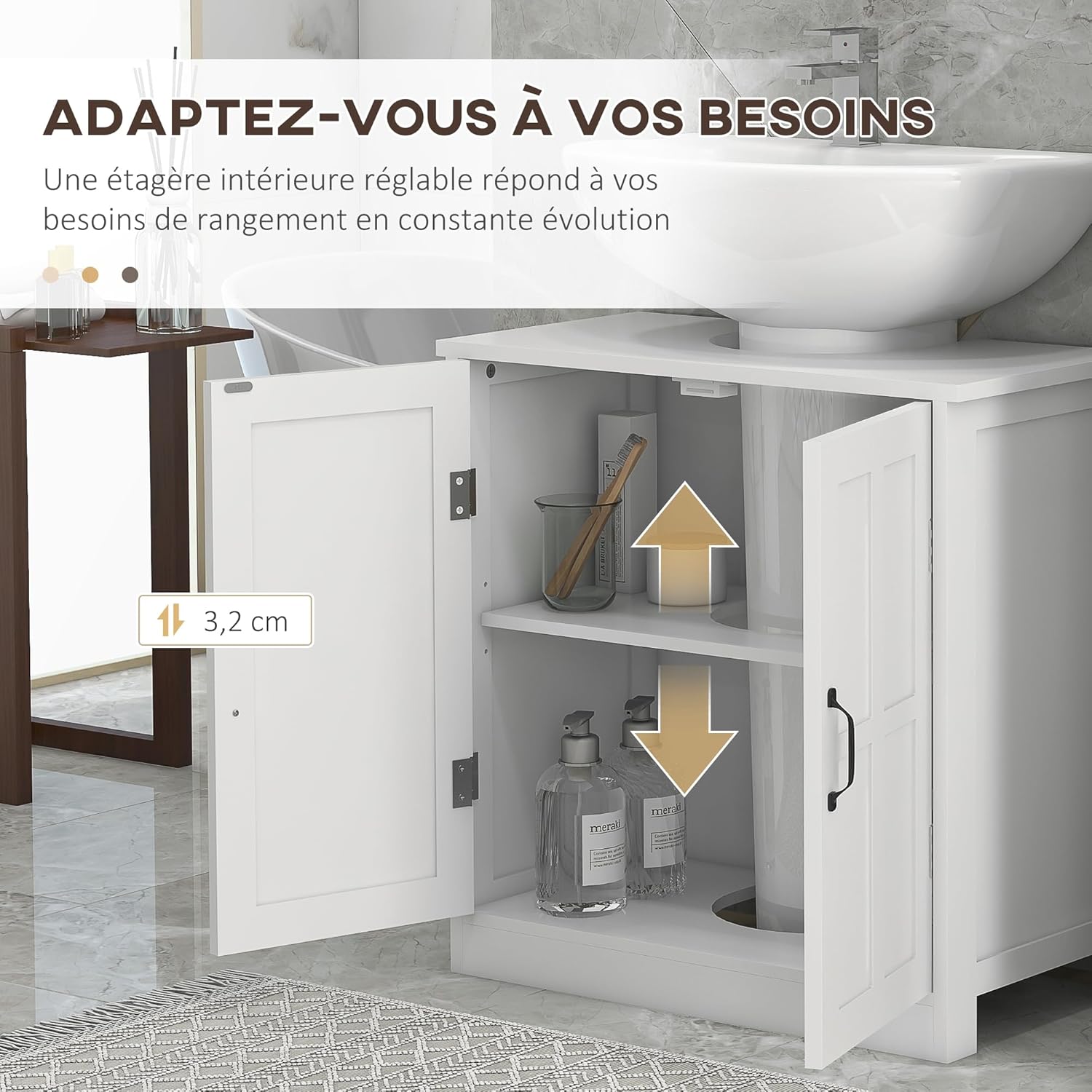 Thumbnail 5 de kleankin Meuble sous lavabo – Armoire de rangement blanche 60 x 30 x 60 cm avec porte double et étagère réglable