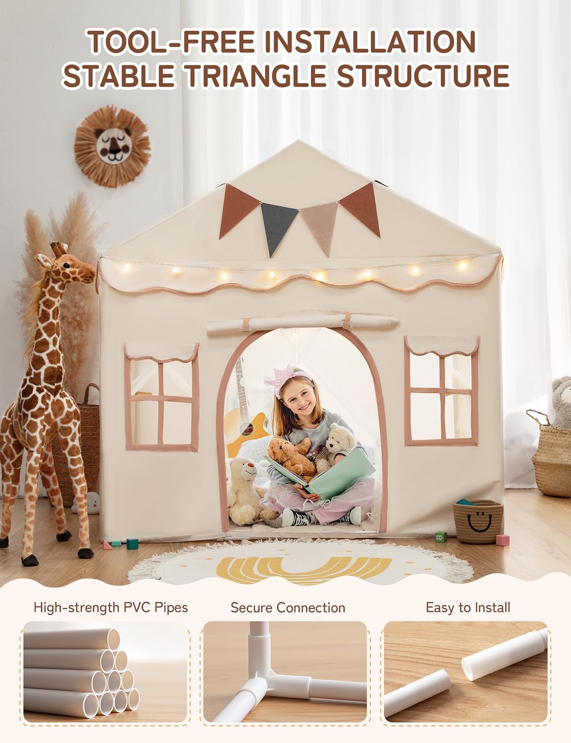 Detalle de Besrey Kids Play Tent 2 in 1 with Padded Mat and Lights (Large Indoor/Outdoor Playhouse) — Double-Door Toddler Tent