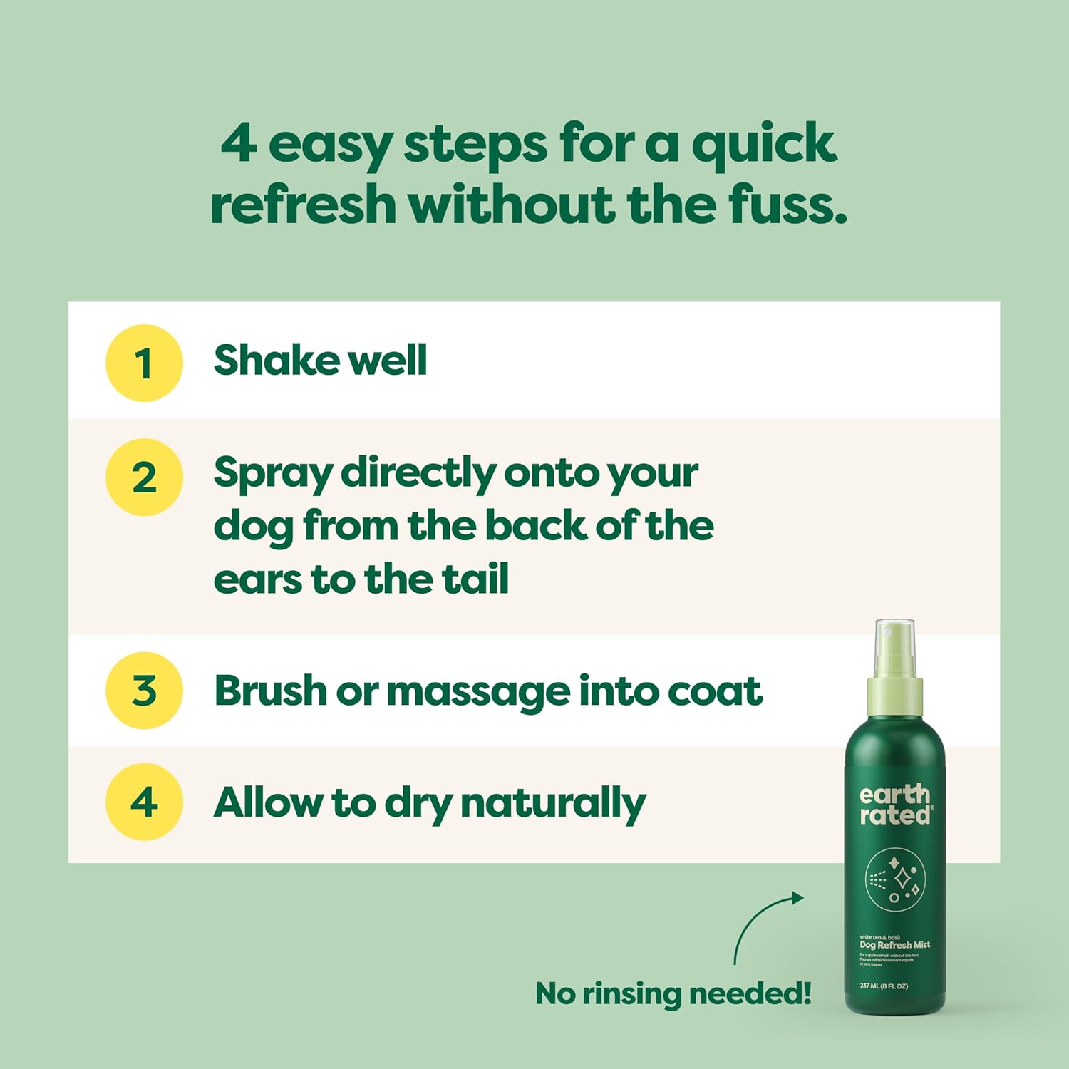 Detalle de Earth Rated Dog Deodorizing Spray (8 oz) – White Tea & Basil no-rinse conditioning mist for dogs and puppies