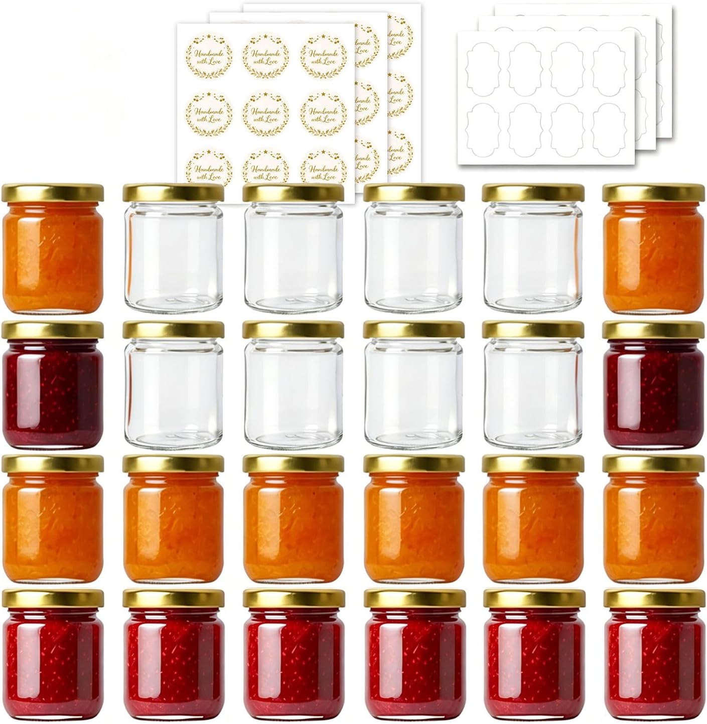Detalle de ComSaf 24 Glass Jam Jars with Golden Gingham Lids and Labels