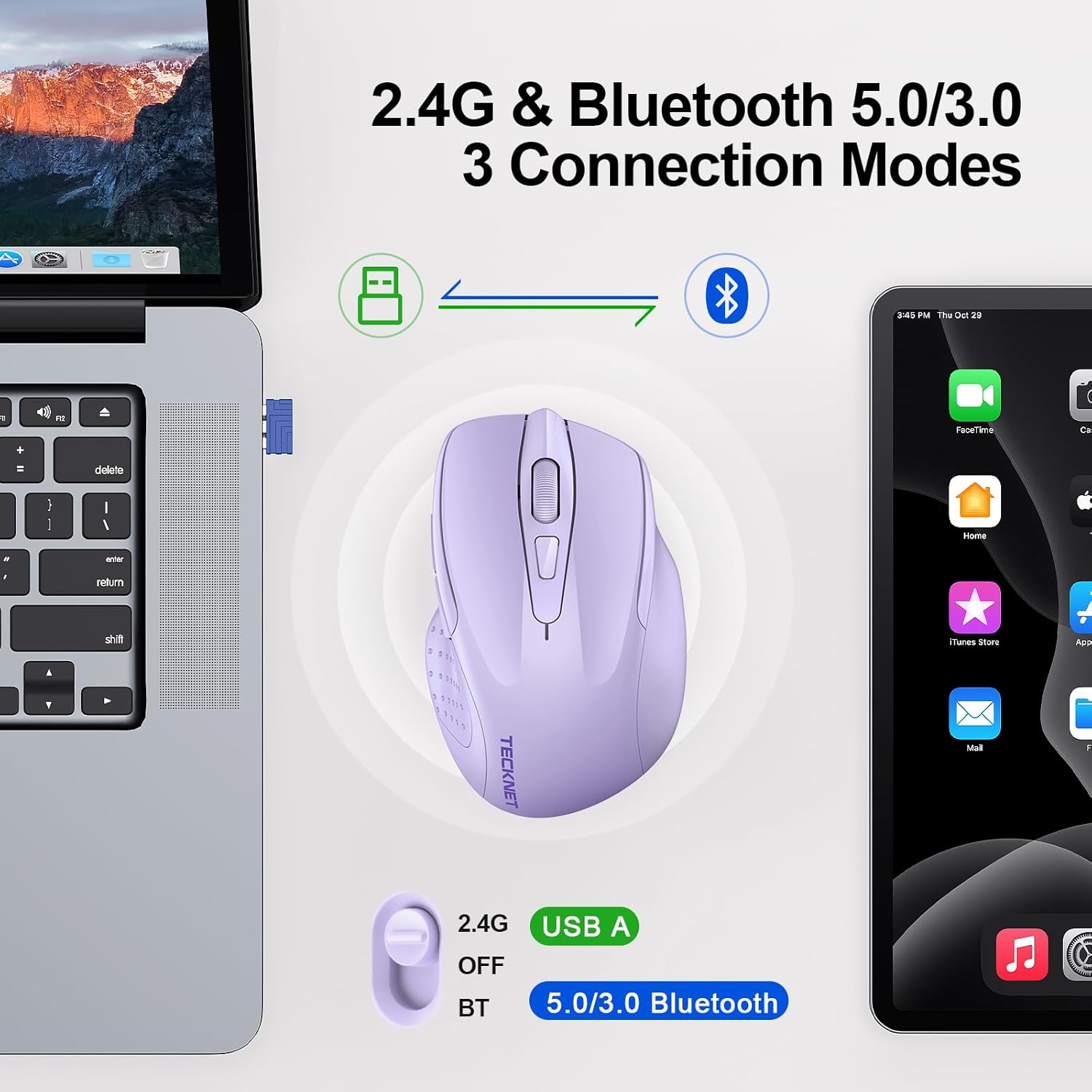 Thumbnail 2 de TECKNET Tri-Mode Rechargeable Bluetooth Mouse (BT 5.0/3.0 + 2.4G), 4800DPI, 6 Buttons