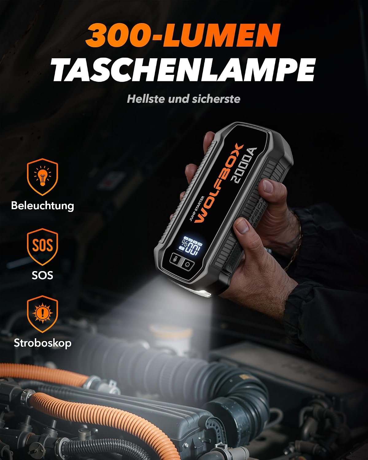 Thumbnail 3 de WOLFBOX Starthilfe Powerbank 2000A – 12V Notfall-Booster mit LED-Lampe, Display und Starthilfekabel