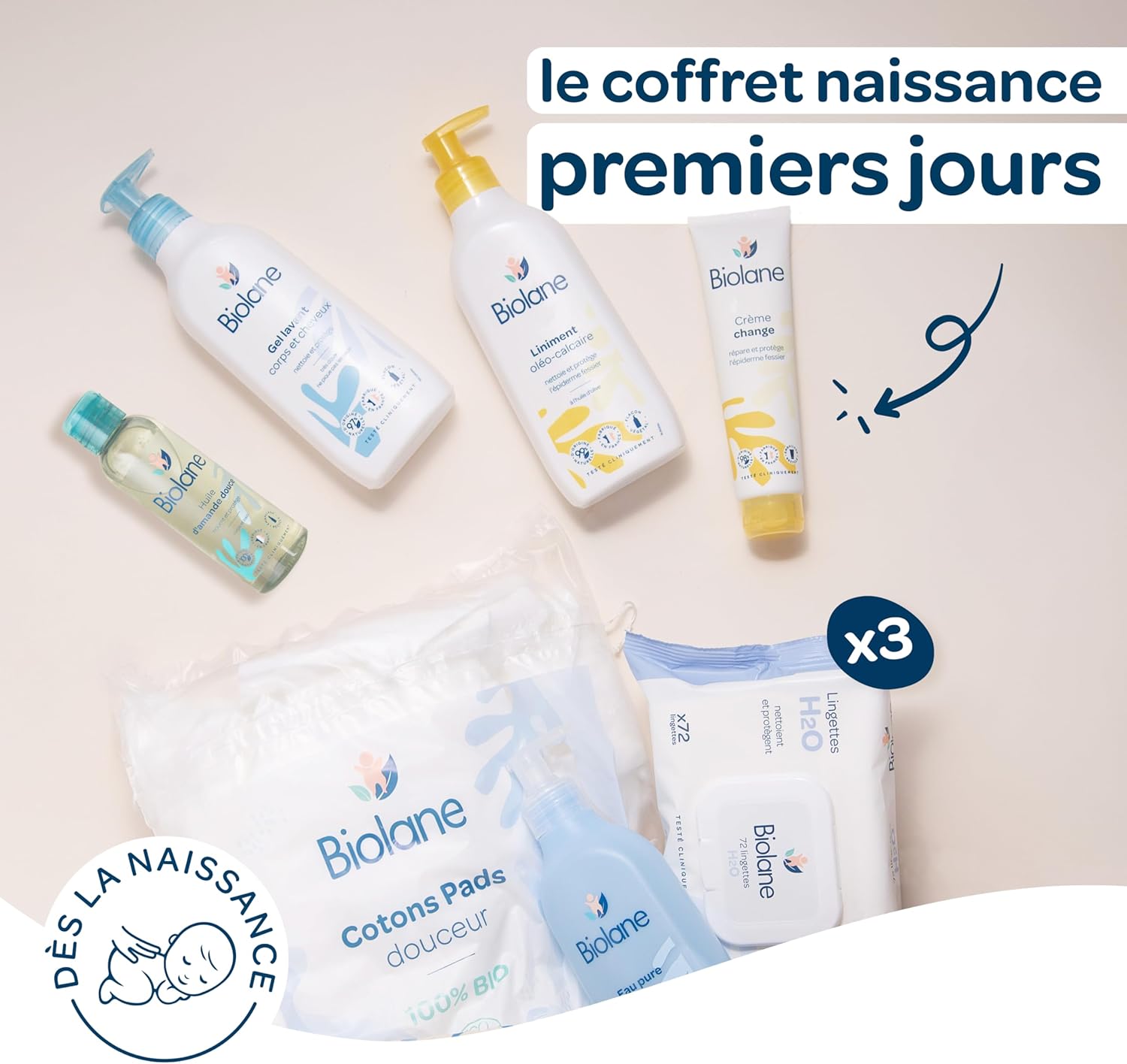 Thumbnail 1 de Coffret Biolane Naissance « Premiers jours » : lingettes, gel lavant, liniment et crème change dès la naissance