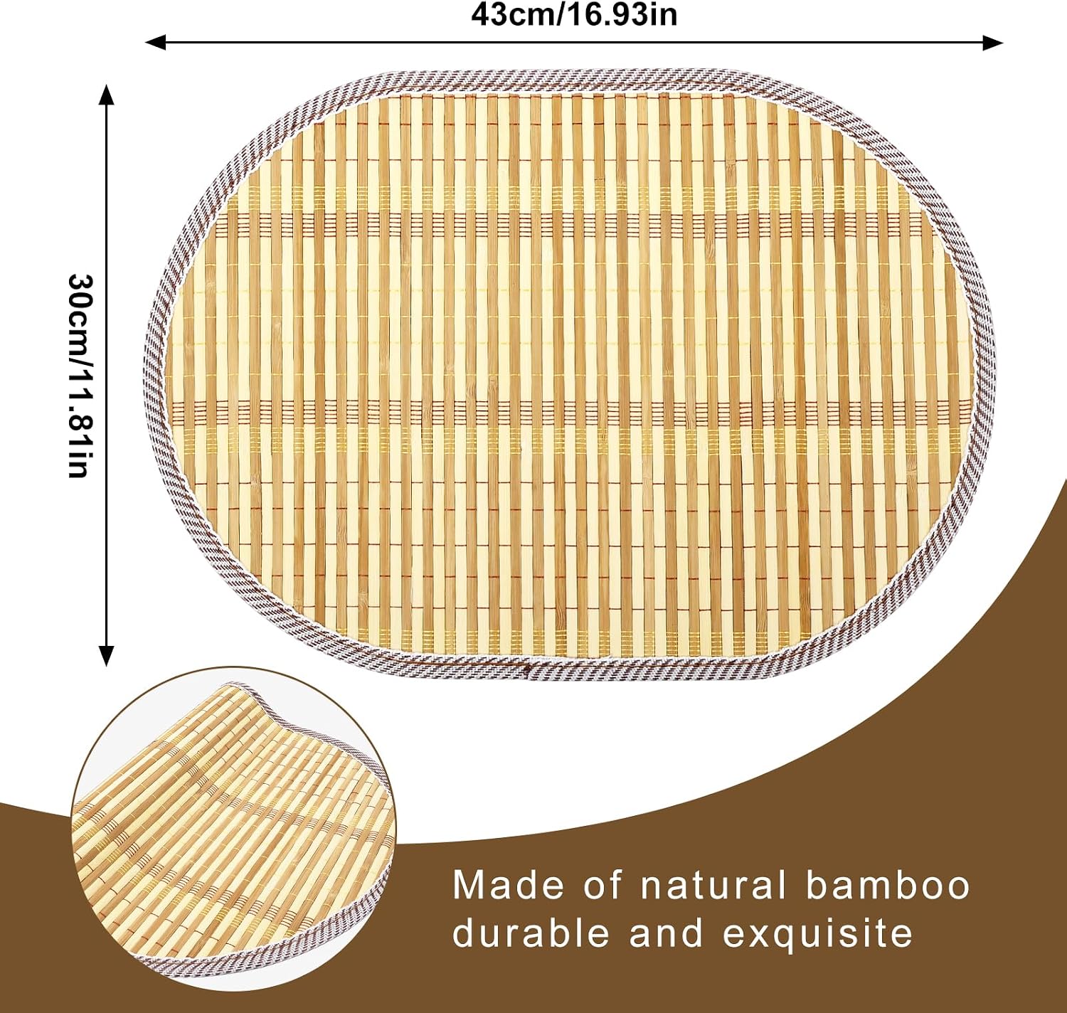 Detalle de Fanquare Bamboo Placemats Set of 6 – Rustic Japanese Style Oval Weaved Mats with Fabric Border