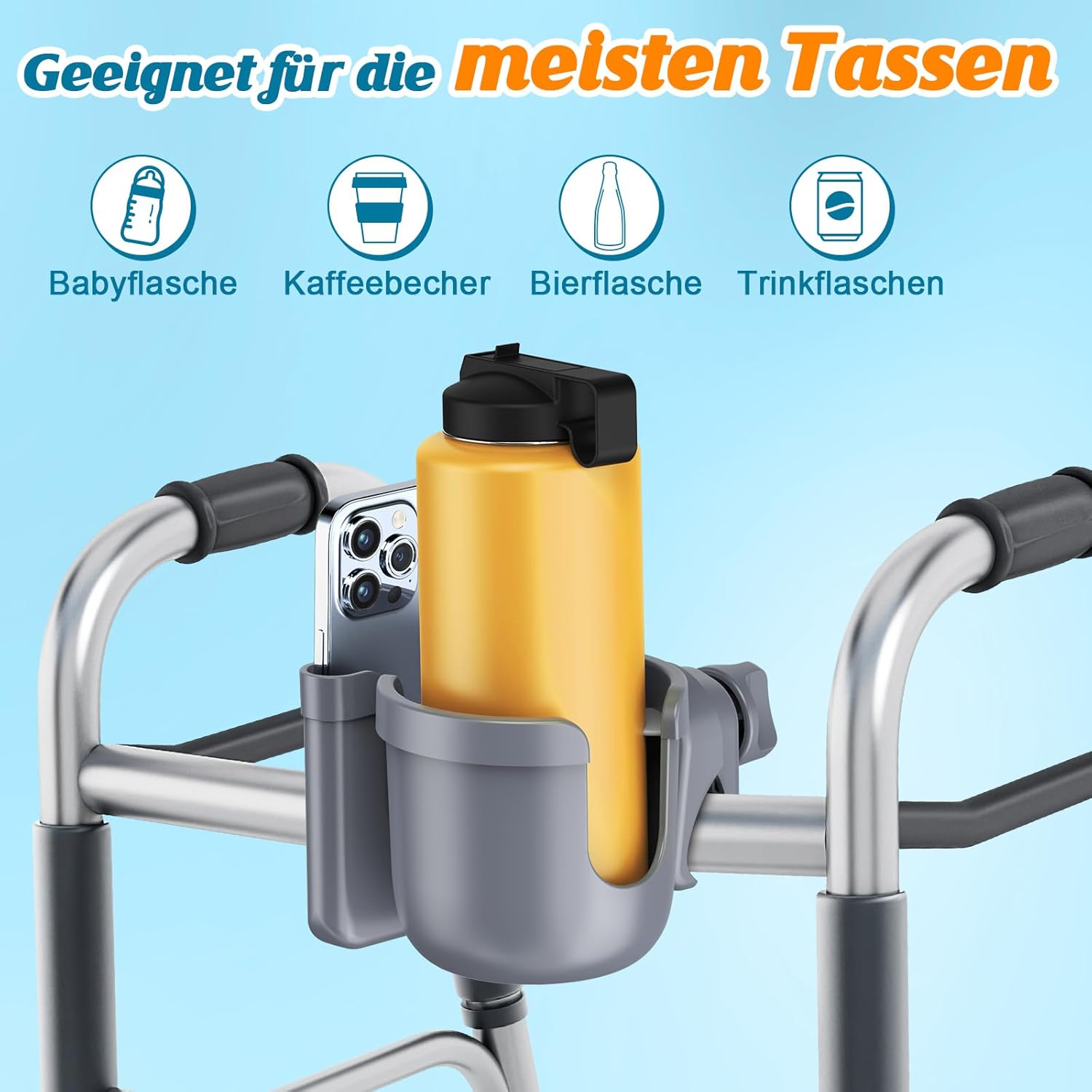 Detalle 2 de Guiseapue 2 Stück Getränkehalter für Kinderwagen – universell einsetzbar, mit Handyhalter