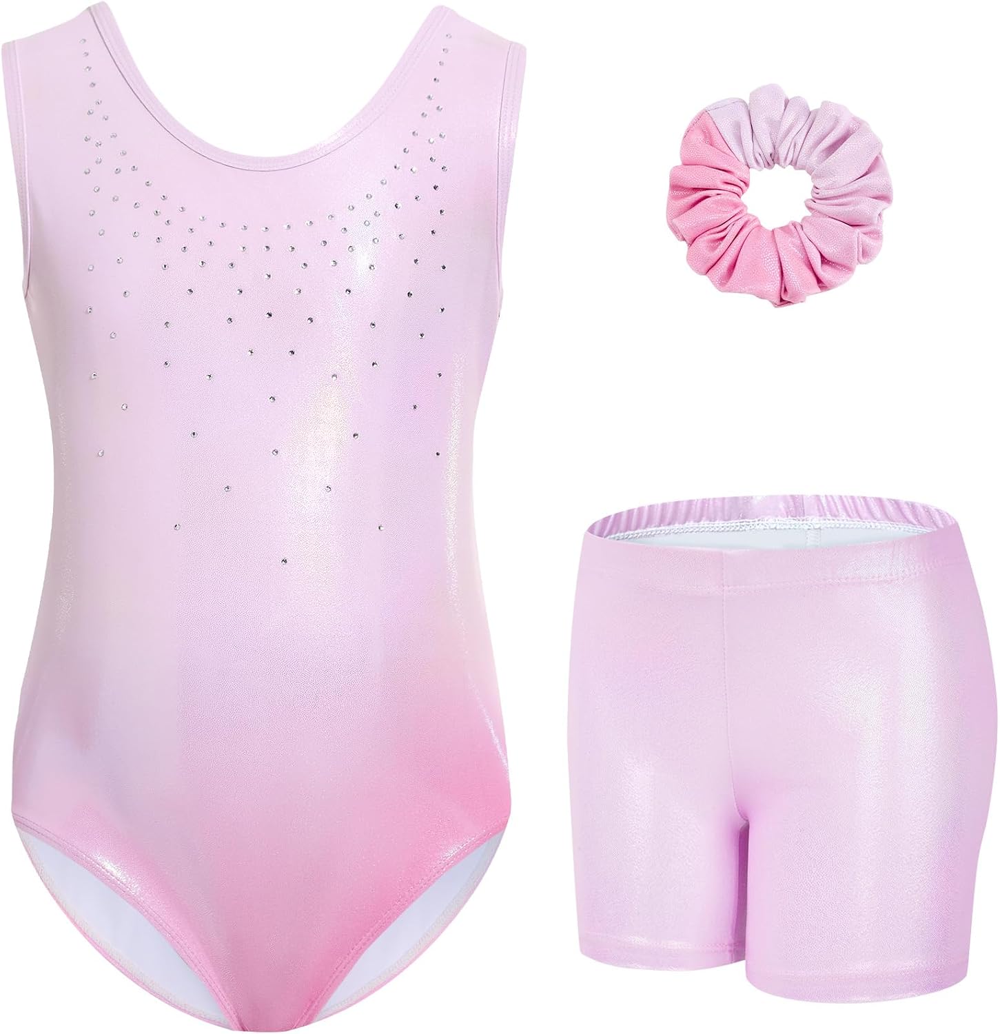 Detalle de Gogokids girls’ three-piece gymnastics set (sleeveless leotard, shorts & hairband) with gradient design