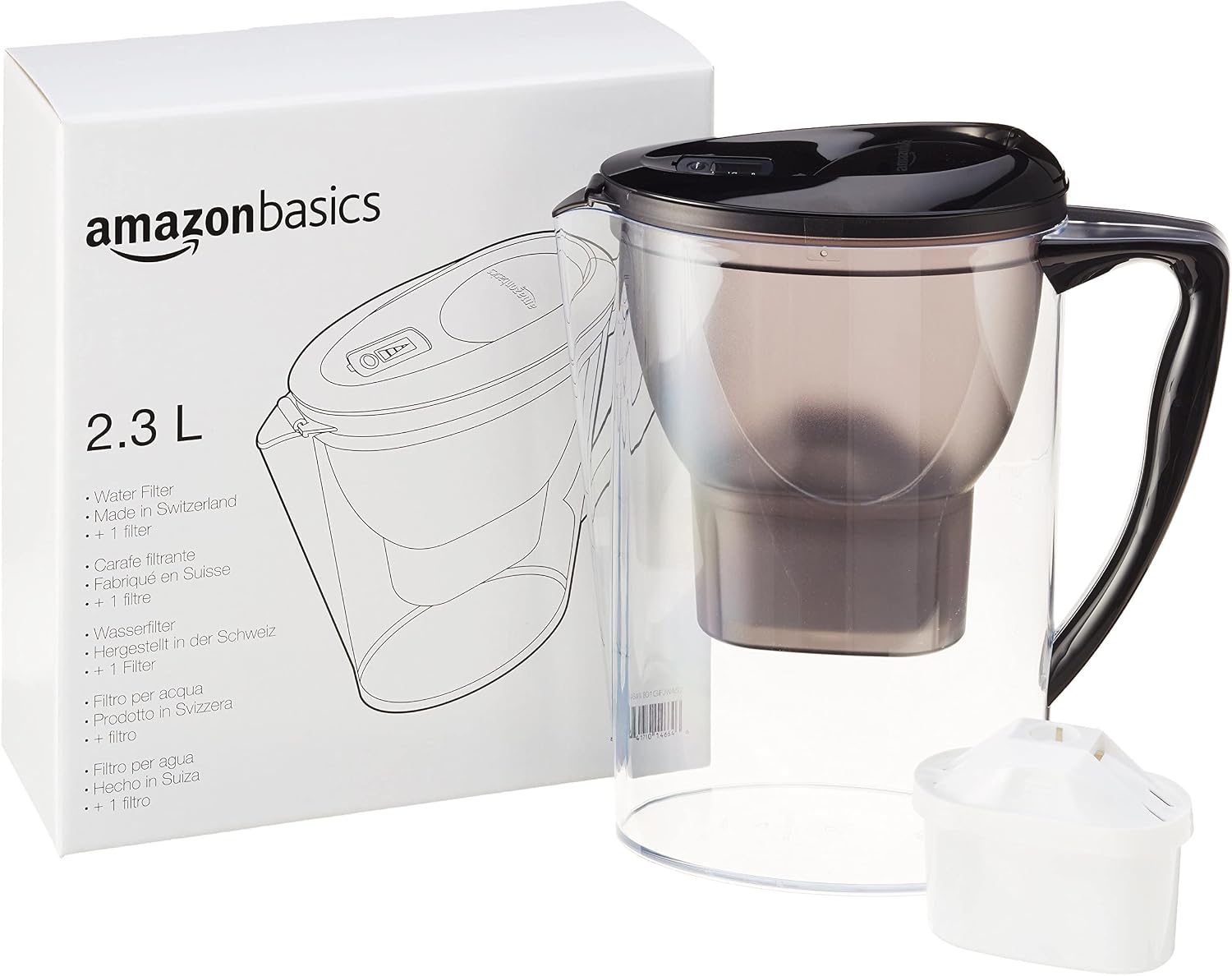 Detalle de Amazon Basics Caraffa filtrante per l'acqua 2,3 L, nero — filtraggio semplice e pratico
