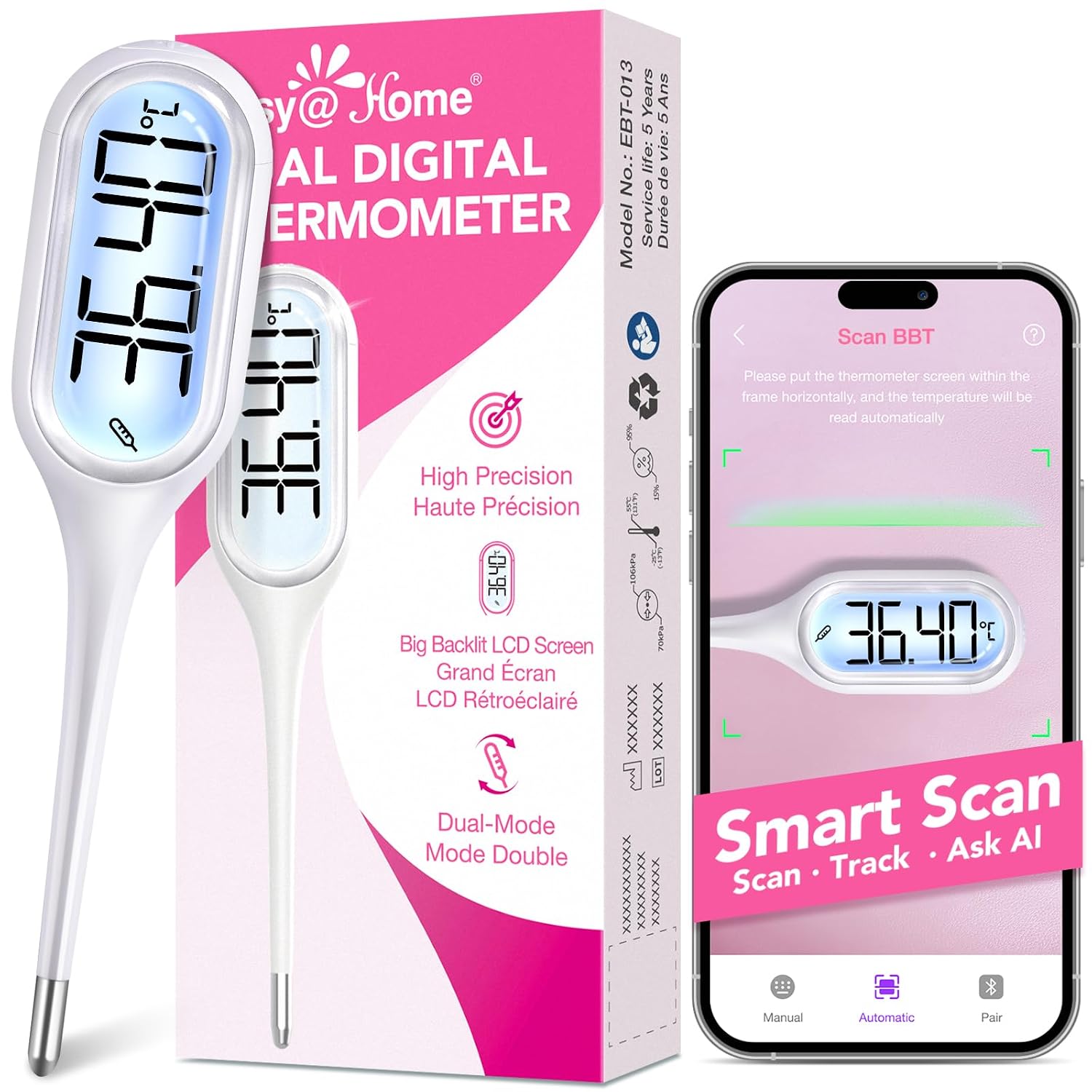 Detalle de Easy@Home FDTH-V0-13 Digital Basal Thermometer, 2 Modes, Backlit Display