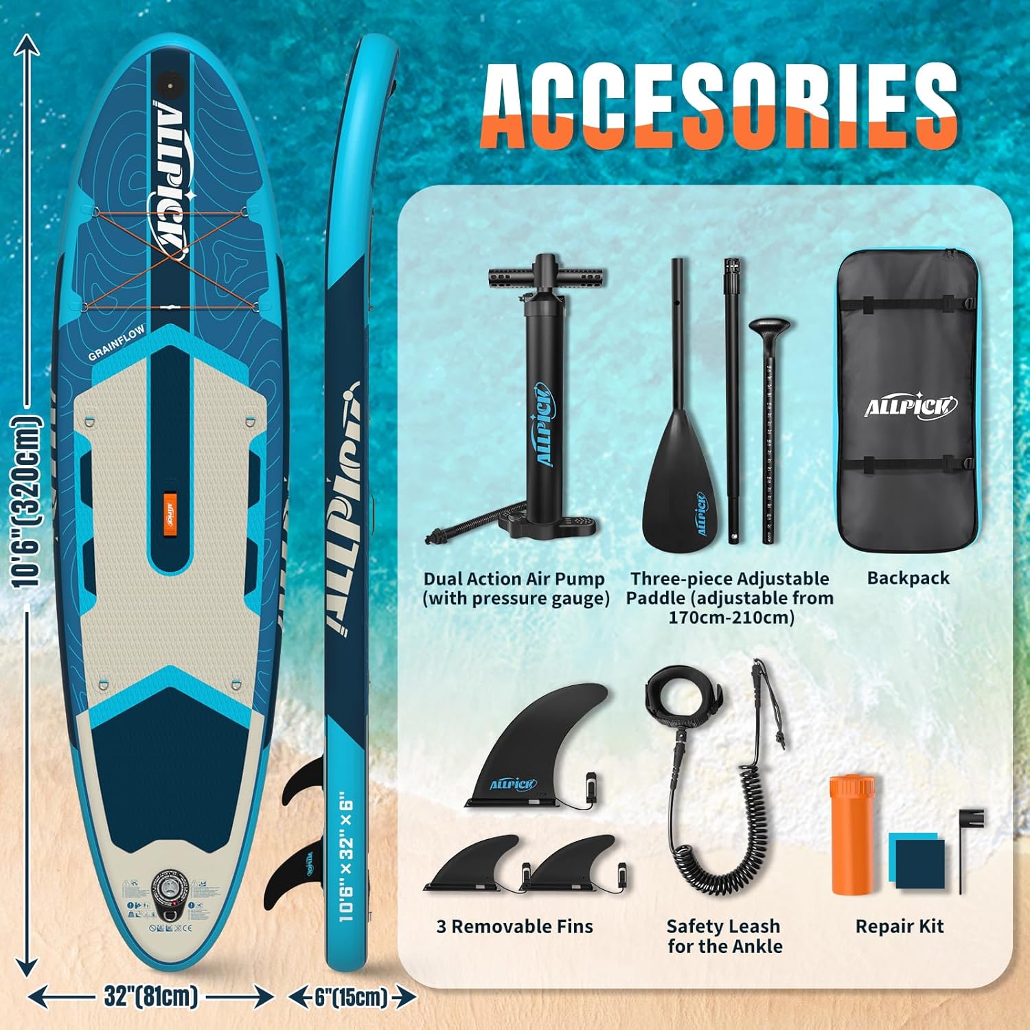Detalle de ALLPICK Premium SUP-Board Set (aufblasbar) inkl. Zubehör, Kamerahalterung und verstellbarem Paddel