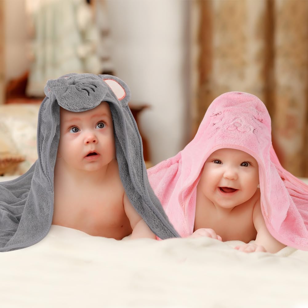 Detalle de Aolso Serviette de Bain Capuche Bébé 80x80 cm, Velours Corail Doux et Ultra Absorbante — Éléphant Gris