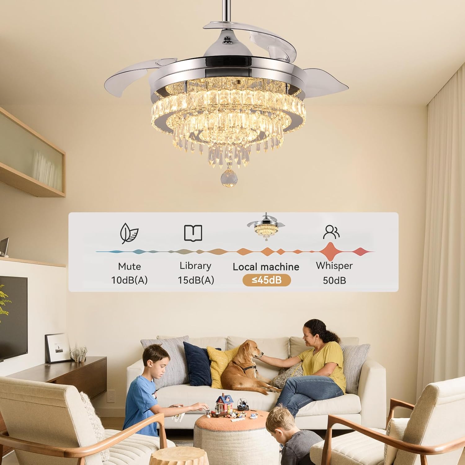 Thumbnail 4 de Modern Crystal Chandelier Ceiling Fan with Light – 42in, DC Motor, Remote & Retractable Blades
