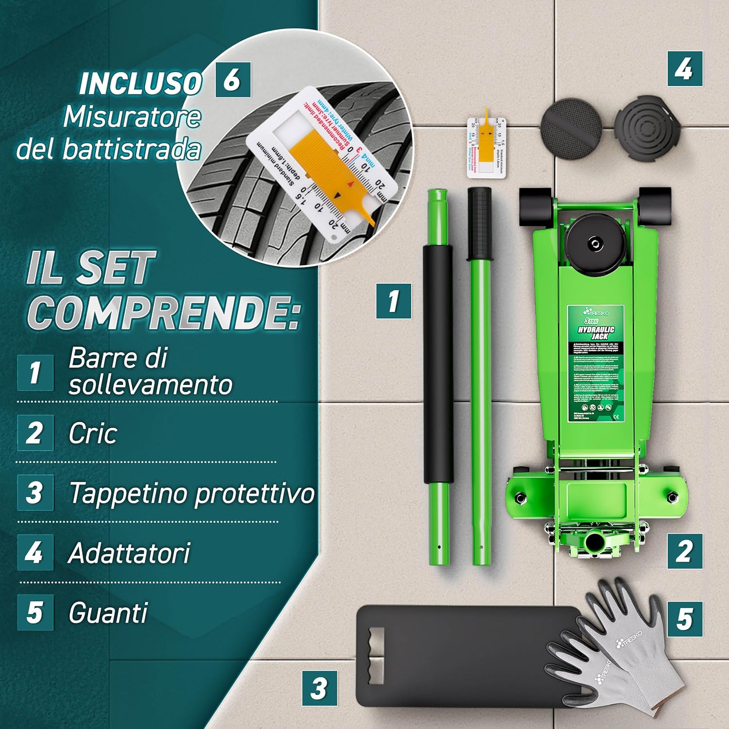 Thumbnail 5 de TRESKO Cric idraulico 3T con doppio pistone, sollevamento 75–510 mm e ruote a 360°