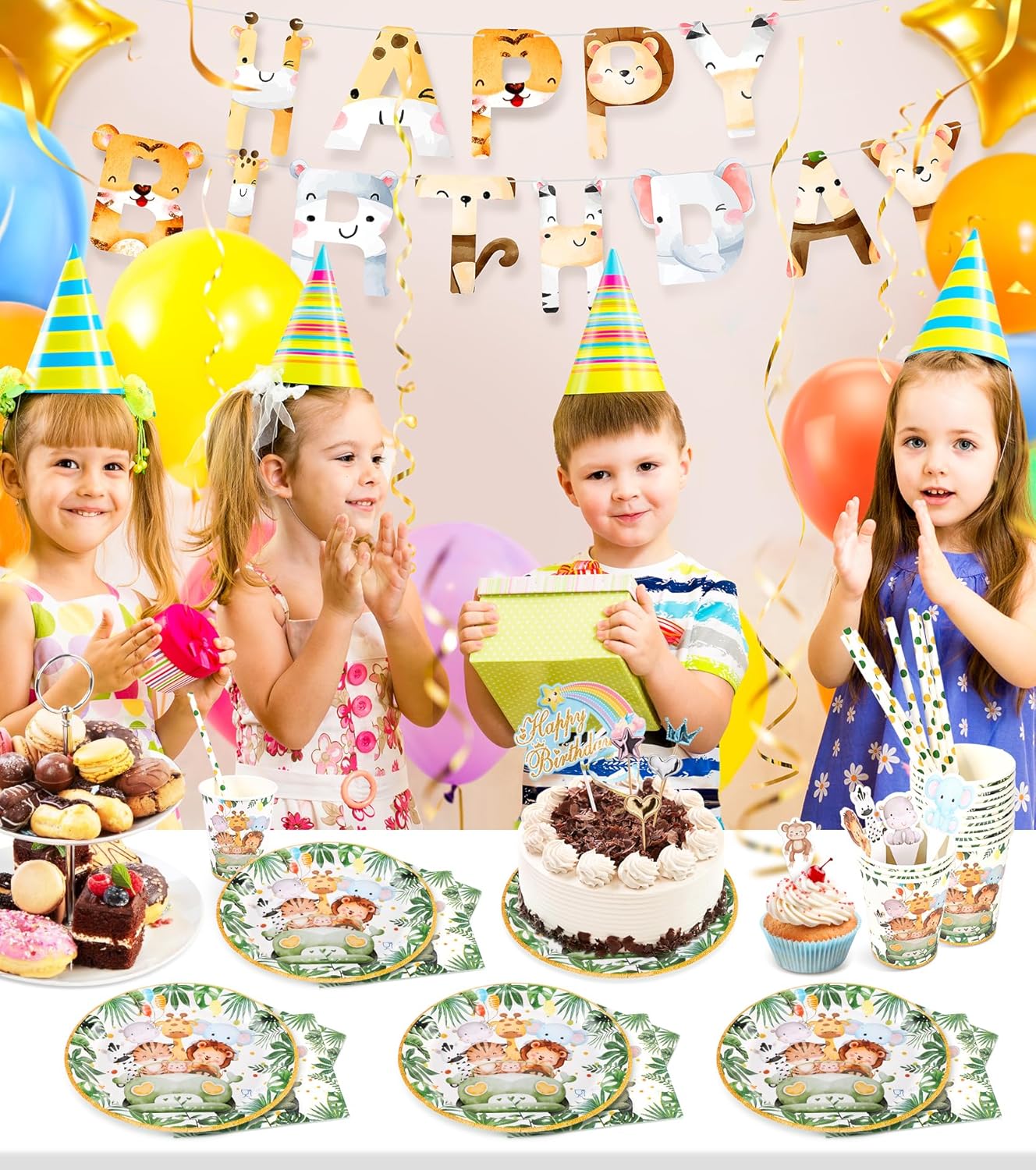 Thumbnail 2 de Ophy Set stoviglie per feste Jungle Safari, 134 pezzi con striscione e decorazioni per bambini
