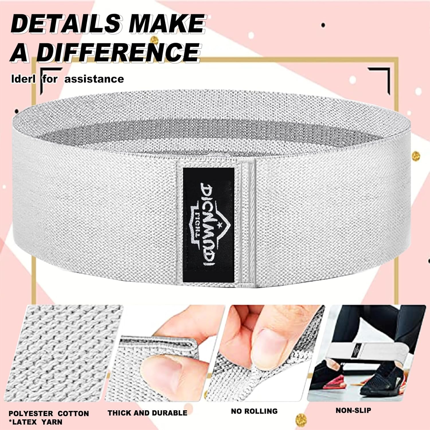 Detalle 2 de DICYWUDI WU-TLD-6PS-H Fabric Resistance Bands, 6-Pack, Non-Slip, 3 Levels