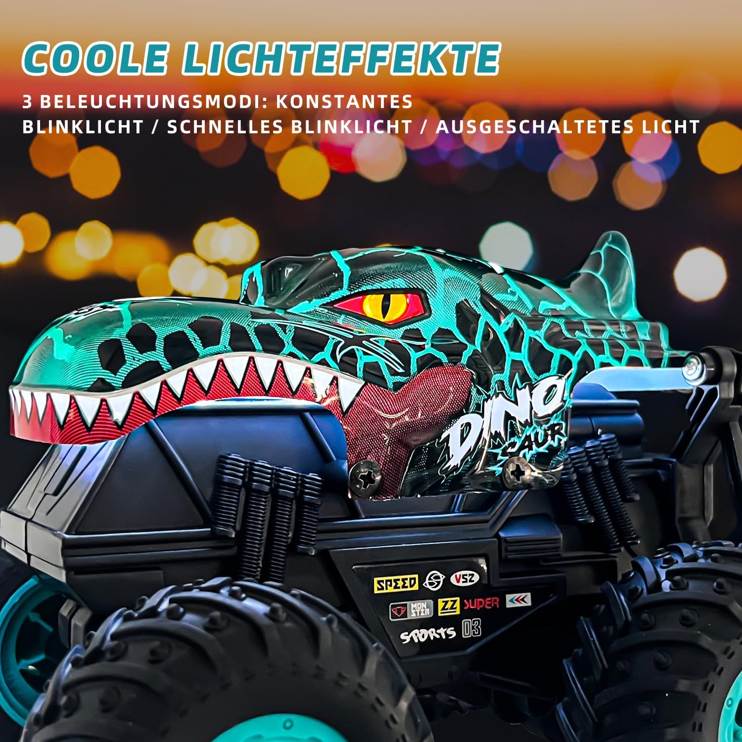 Detalle de Ferngesteuertes 2,4GHz Monstertruck Auto (1:20) mit Dinosaurier-Optik, LED-Licht & Musik – ca. 20 km/h