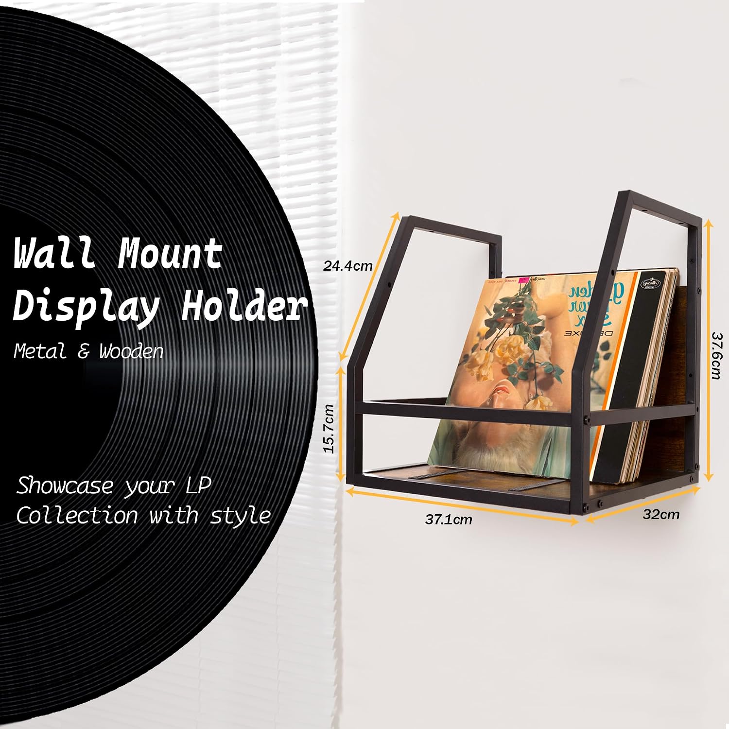 Detalle de HFHOME 2 In 1 Vinyl Record Storage Crate – Wall Mount or Desktop Metal Album Organizer