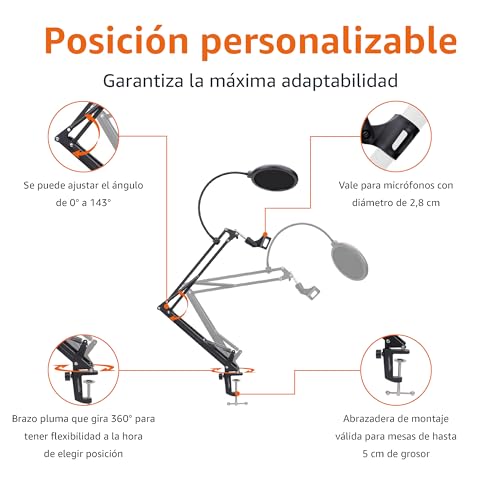 Detalle 2 de Amazon Basics Soporte de Brazo Articulado para Micrófono (35,6 cm) con Filtro Antipop y Abrazadera