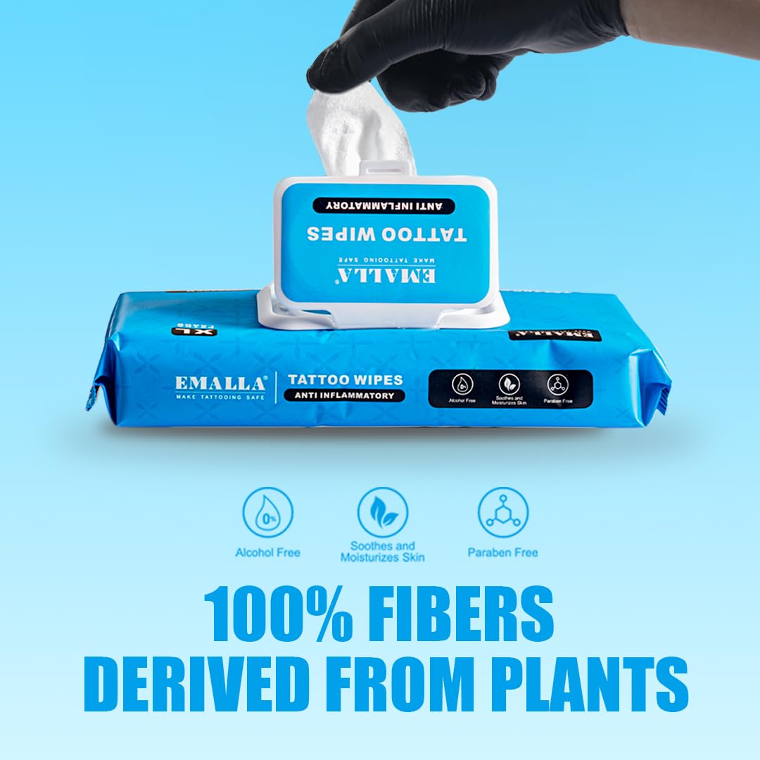 Detalle 2 de EMALLA Cleansing Green Soap Tattoo-Reinigungstücher 3er Pack – 60 Stück, alkoholfrei, pflanzliche Fasern