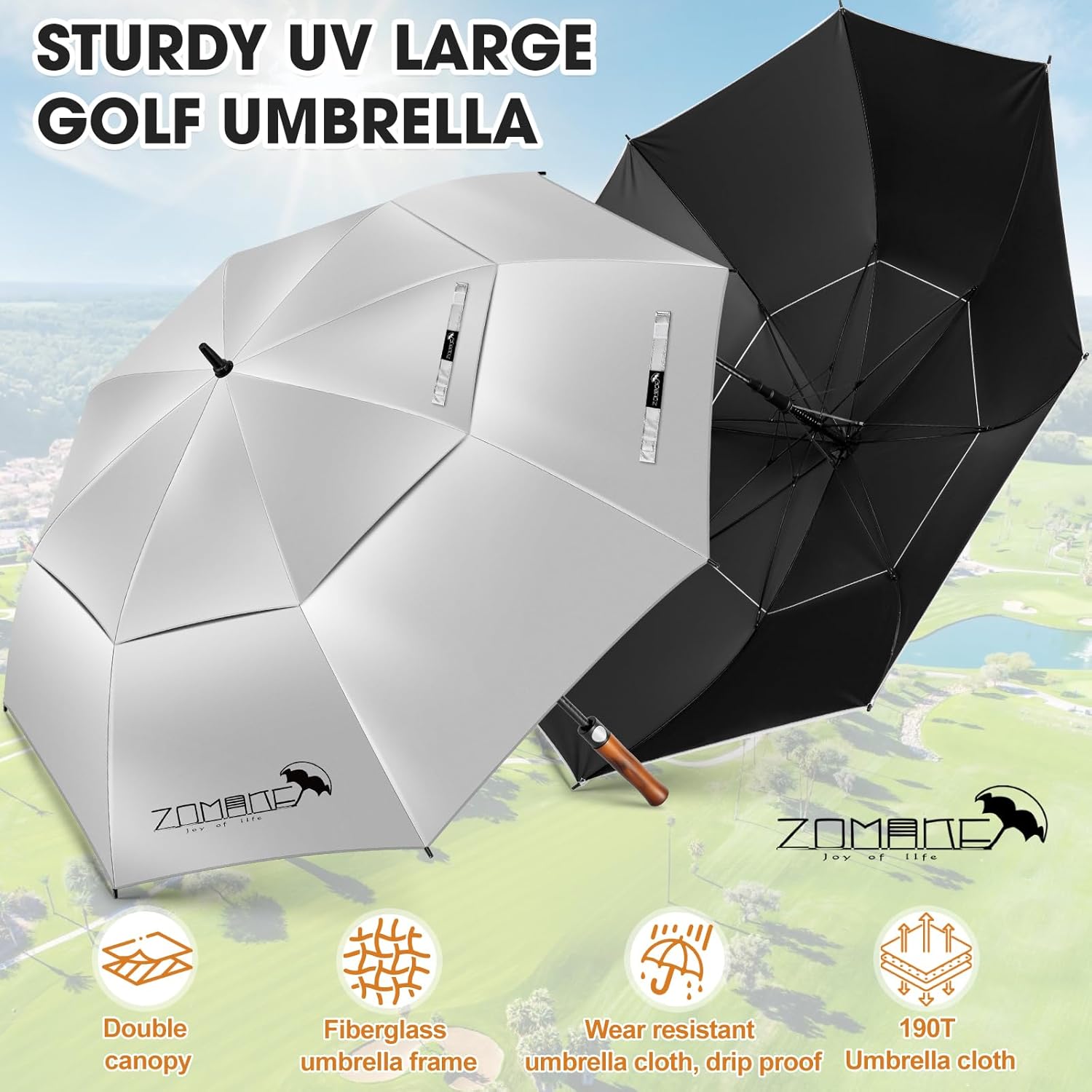 Thumbnail 5 de ZOMAKE Ombrelle Golf Anti-UV 62/68 Pouces – Grand Parapluie avec Double Canopée et Manche Bois Ondulé