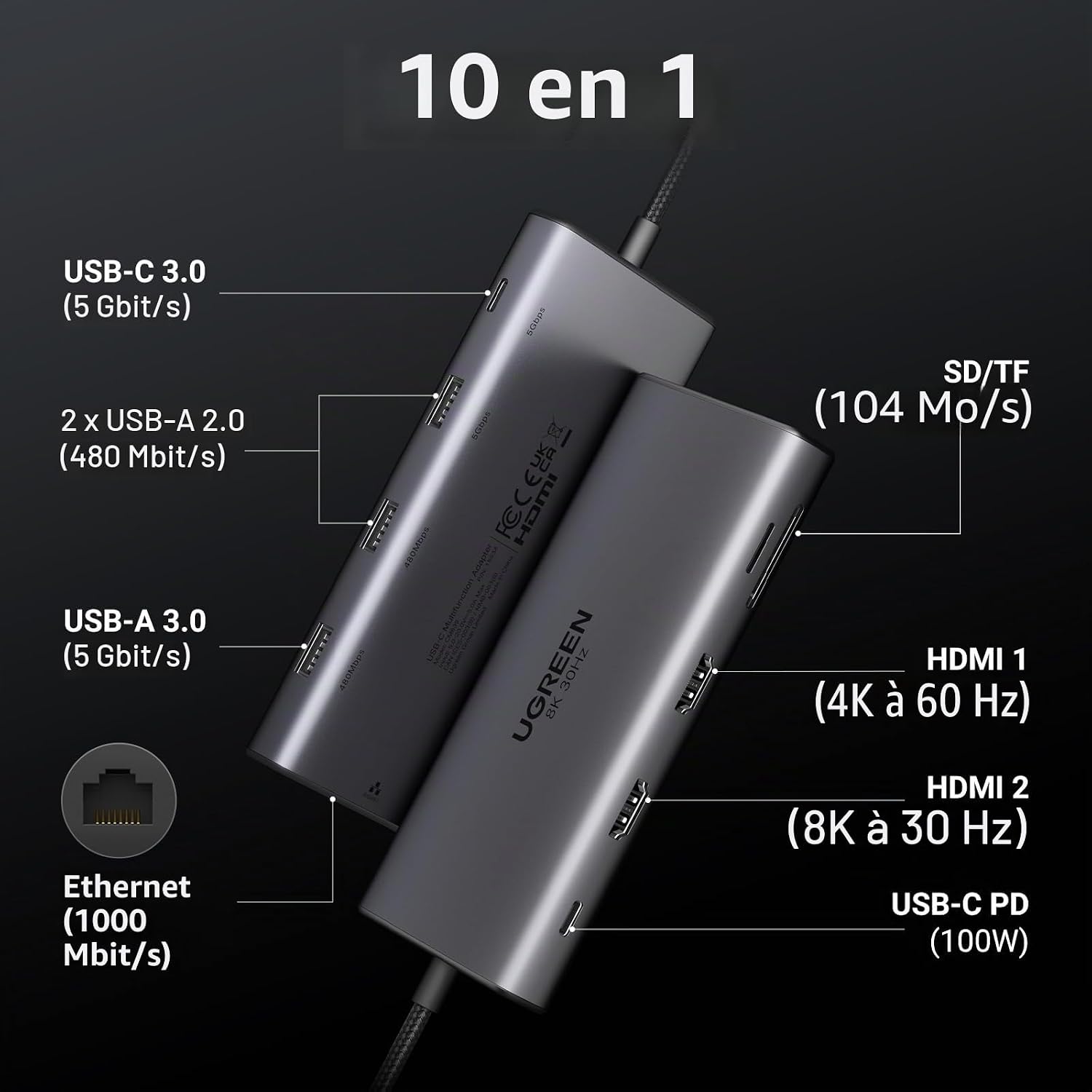 Detalle de UGREEN Revodok Pro 210: Docking Station USB-C 10 en 1, Double HDMI
