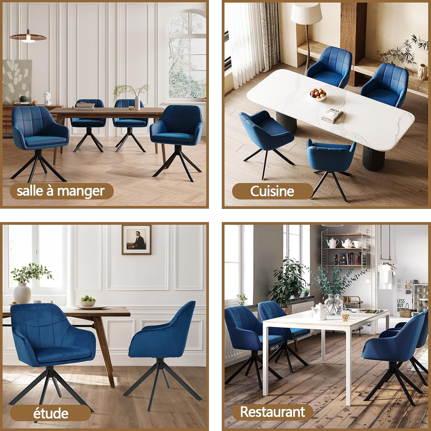 Thumbnail 6 de Lot de 4 chaises pivotantes à 360° en velours avec accoudoirs Goeurvant – bleu foncé