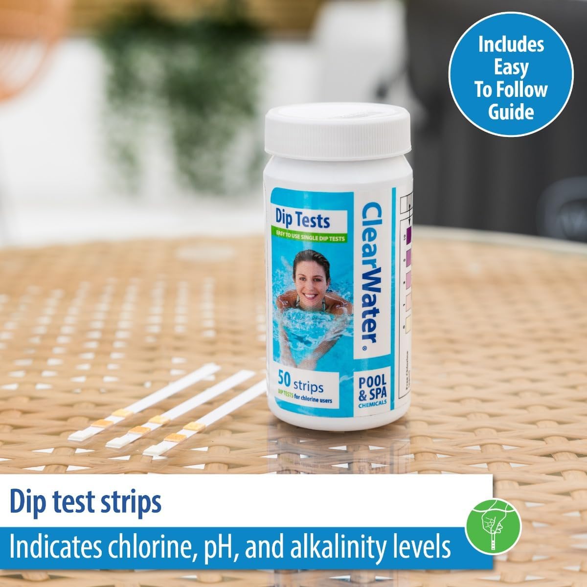 Detalle 2 de Clearwater 3-in-1 Test Strips for Hot Tubs, Pools & Spas (50 strips) – Measures Chlorine, pH & Total Alkalinity