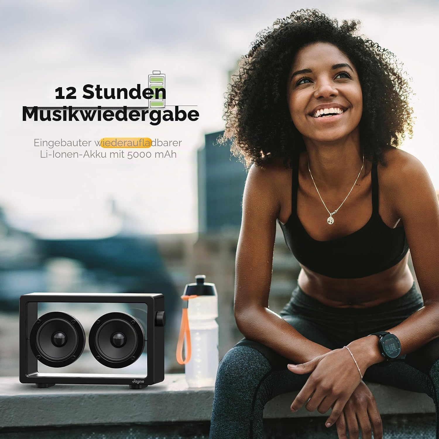 Detalle de JAYINE Tragbarer Bluetooth-Lautsprecher (16 W, schwarz) mit Bluetooth 5.3 & AUX (3,5 mm)