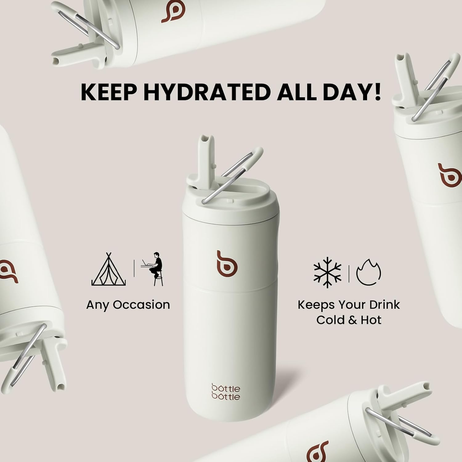 Thumbnail 5 de Bottle Bottle 500ml Insulated Water Bottle with Straw and Lid – Baby Gray