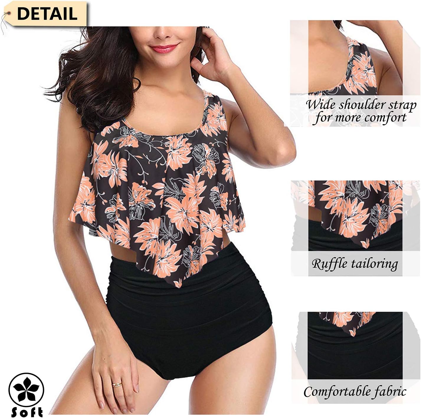 Detalle 2 de Aidotop Damen-Badeanzug: Rüschen-High-Waist Bikini mit Taillen-Shaping