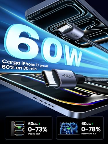 Detalle de UGREEN Cable USB C 60W PD 3.0: carga rápida y durabilidad con trenzado de nylon (2 m)