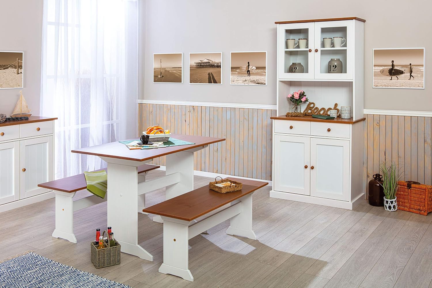 Detalle 2 de Inter Link panca in legno massiccio di pino Westerland 32.2, laccato bianco e marrone seppia