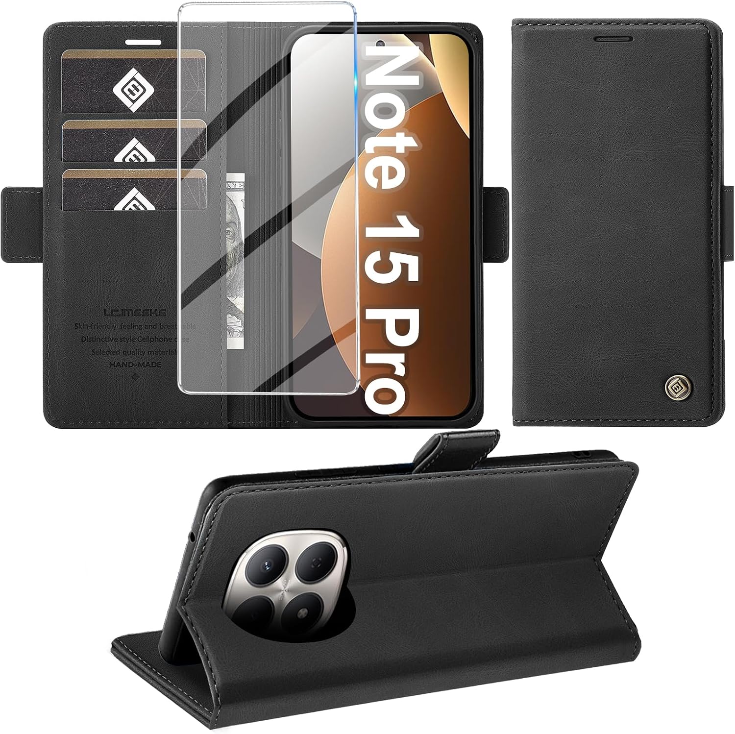 Detalle de Giyer Hülle für Xiaomi Redmi Note 15 Pro 5G – PU Leder Wallet Flip Case mit Schutzfolie & Standfunktion (Schwarz)
