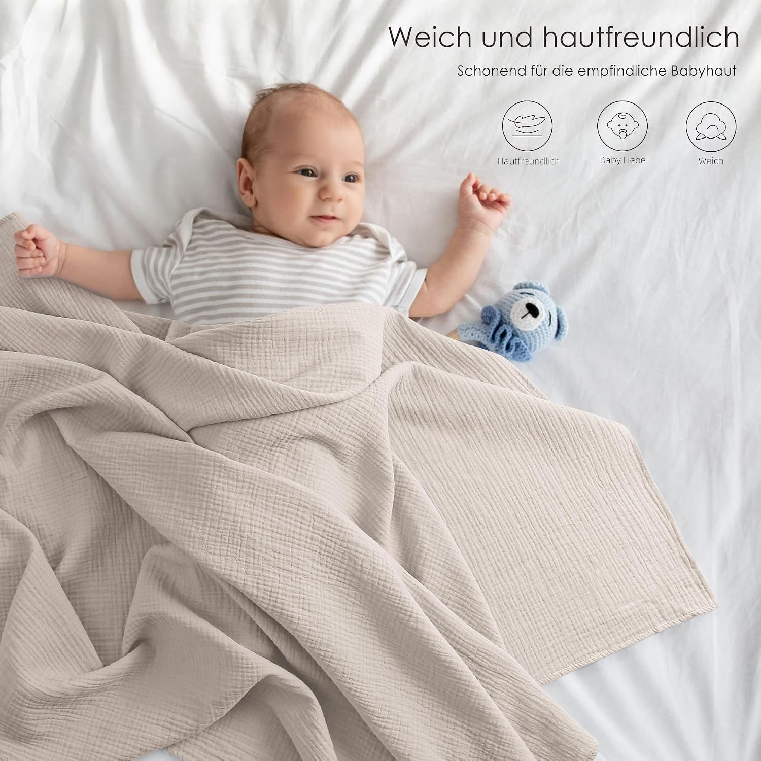 Thumbnail 2 de Bearmoss Baby Musselin Decke 96x102 cm – 3er-Pack, 100% Baumwollmusselin, Apricotgrau