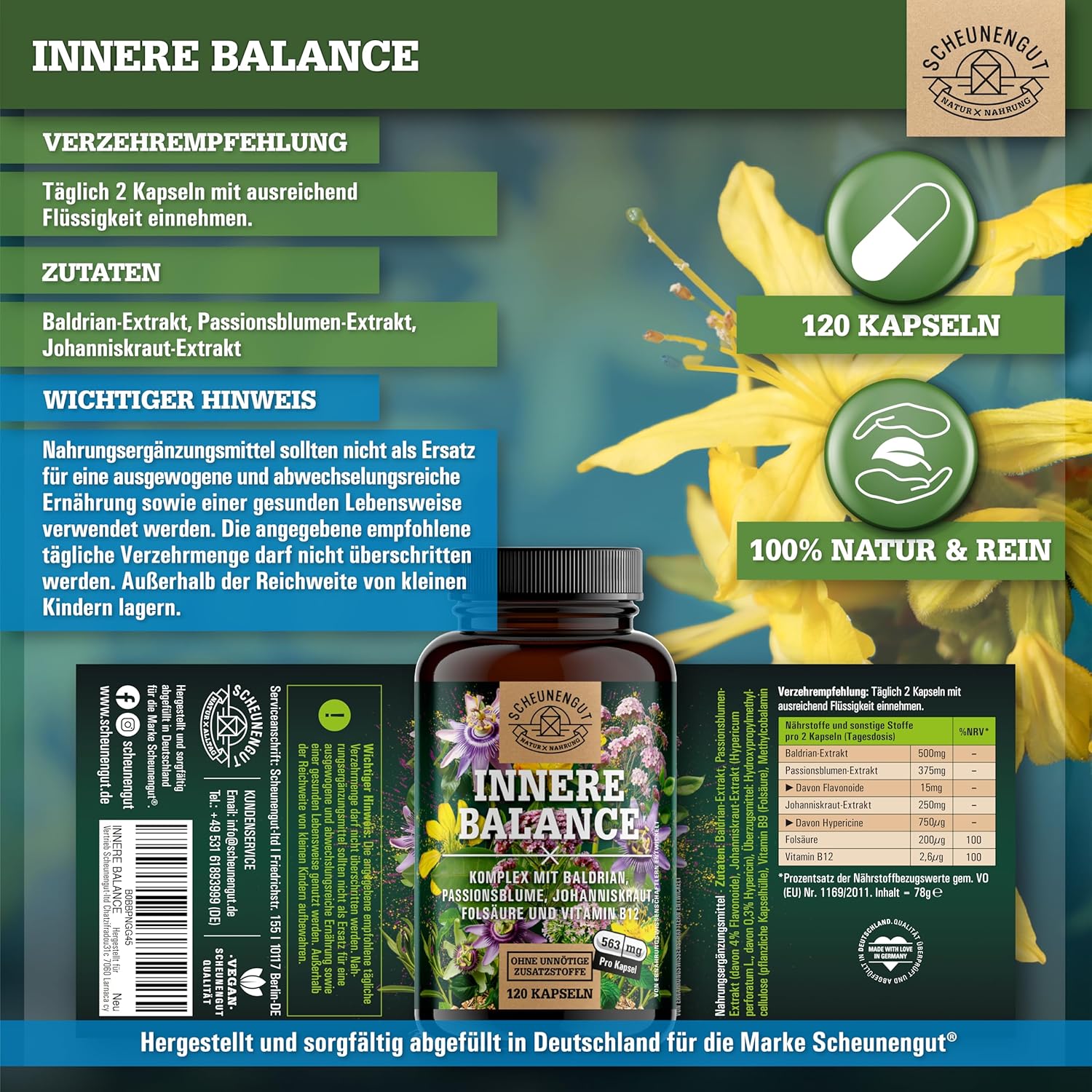Thumbnail 6 de INNERE BALANCE® Passionsblume Johanniskraut Baldrian Hochdosiert – Laborgeprüfter Markenkomplex mit Hypericin, Hyperforin, Folsäure & Vitamin B12 (120 Kapseln)