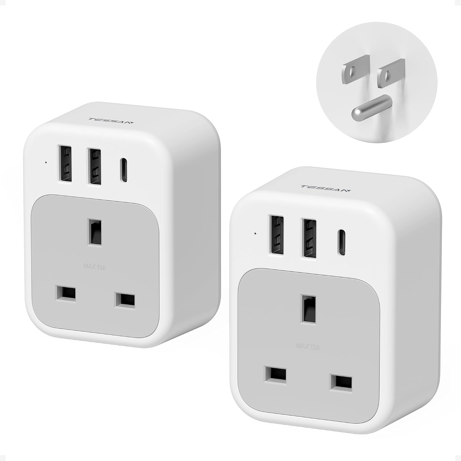 Detalle de TESSAN UK to US Plug Adaptor 4‑in‑1 with USB C & USB A