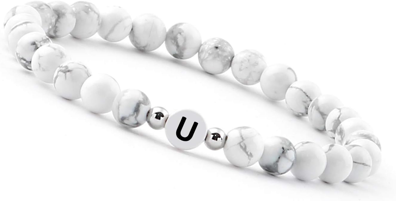 Imagen de Bracciale di perline Lettera I con pietre naturali di Howlite e iniziale personalizzata en OfertitasTOP