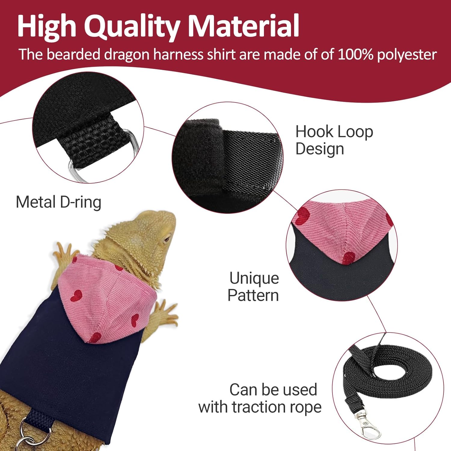 Thumbnail 2 de Red hat bearded dragon lizard hoodie leash suit with chest harness (outdoor walking)