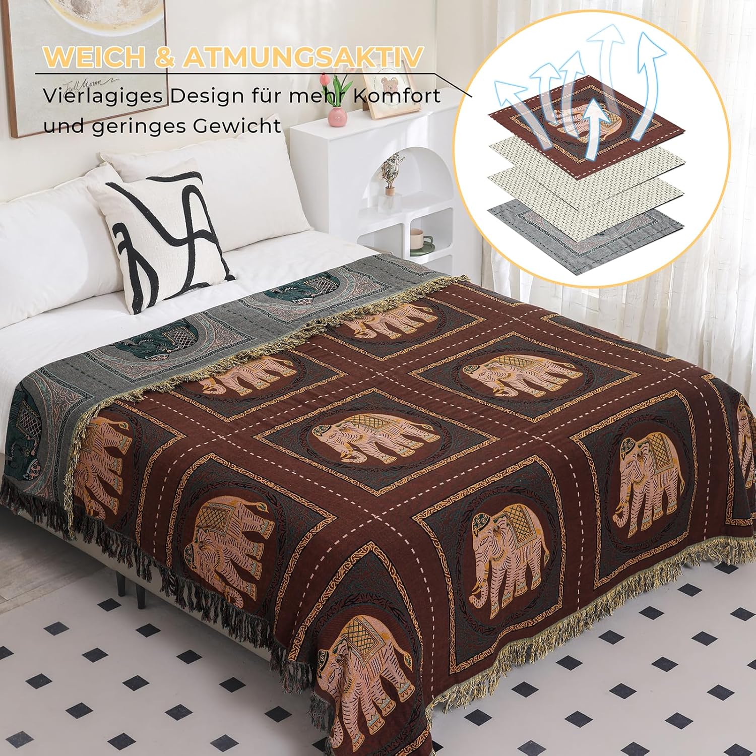 Thumbnail 2 de HOORDRY Boho Musselin-Decke aus 100% Baumwolle (doppelseitig) 200x230 cm – Elefantenaufdruck in Braun