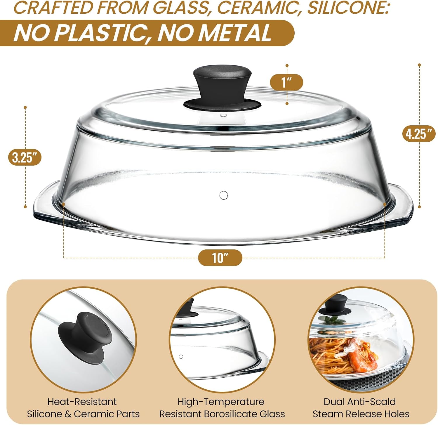 Detalle de 2 in 1 Tall Glass Microwave Splatter Cover with Silicone Mat — 10in Glass Cover & 12in Mat for Food, BPA-Free and Heat-Resistant