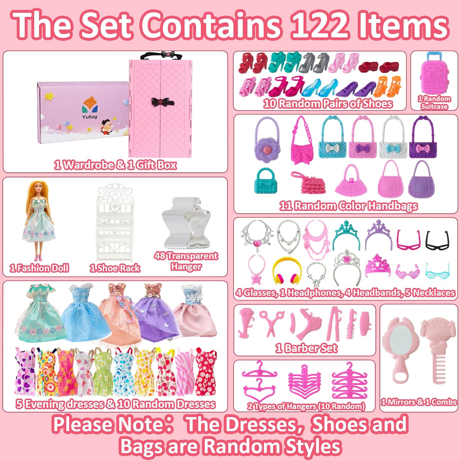 Thumbnail 1 de Yutoy 122-teiliges Puppen-Kleiderschrank-Set mit 11,5-Zoll-Puppe (rosa)