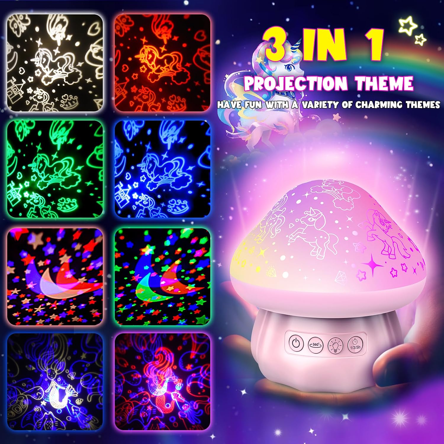 Detalle 2 de Hapikids Unicorn Night Light Projector 360°