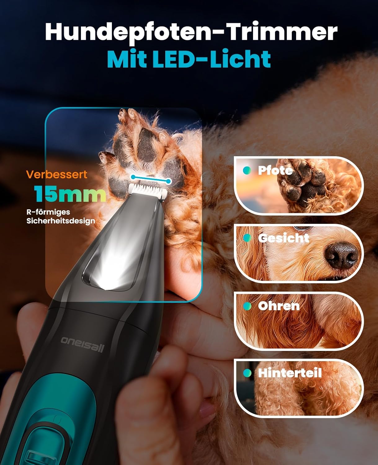 Thumbnail 6 de oneisall 4in1 Leise Schermaschine für Hund & Katze (LED, 2000 mAh) – Pfotentrimmer & Krallenschleifer
