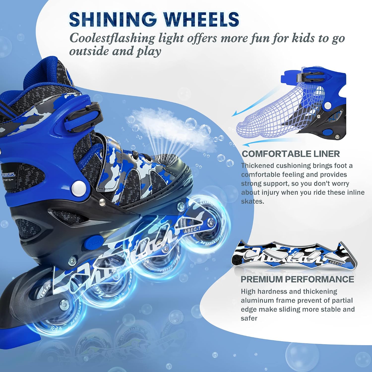 Detalle de Kuxuan Adjustable Inline Skates with Light Up Wheels — 4 Sizes, Aluminum Frame, ABEC-7 Bearings