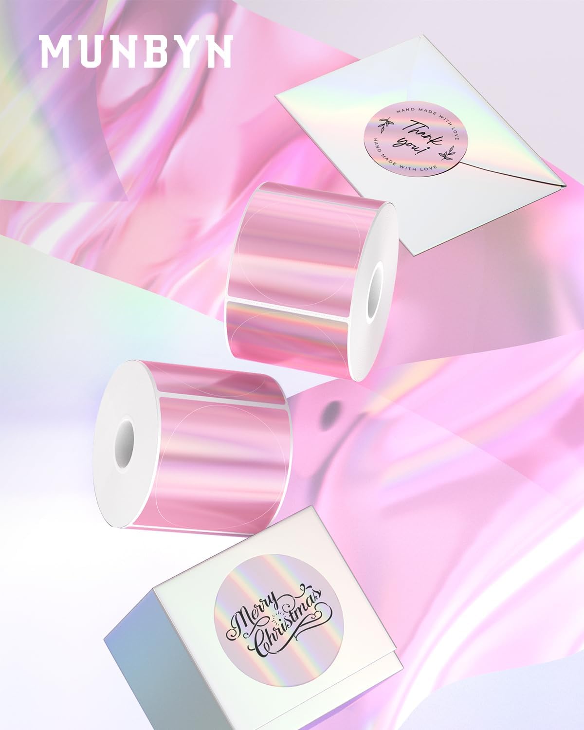 Detalle 2 de MUNBYN 50mm x 50mm Holographic Purple thermal sticker labels (400 per roll) for QR codes, names and DIY labelling